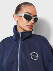 SUMWON WOMEN Athletic Cropped Full Zip Track Jacket Retro Sport Streetwear Workout Activewear Training Sweatshirt Athleisure Fall Winter Gym Top - Blue - View 3