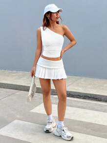 SHEIN EZwear Áo không tay bất đối xứng màu trơn thường ngày mùa hè - trắng - Xem 6