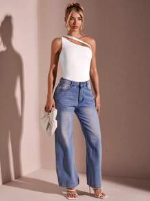 SHEIN BAE Bộ đồ liền thân cổ bất đối xứng hàng ngày màu trắng đơn giản dành cho nữ mùa hè - trắng - Xem 2