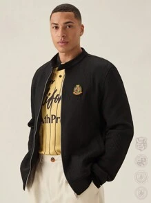 Manfinity VCAY Áo khoác thường ngày thêu họa tiết đơn giản dành cho nam, trở lại trường, cho mùa thu đông - màu đen - Xem 1