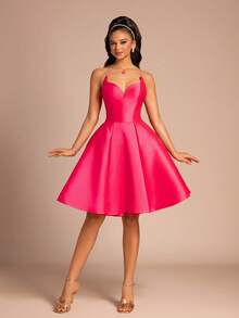 Women's New Fashionable Strapless Solid Color Backless Criss-Cross Zipper Formal Dress - Hot Pink - View 3