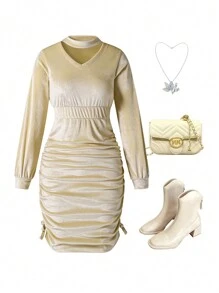 Teen Girls' Solid Color Bow Ruched Long Sleeve Dress - Apricot - View 1