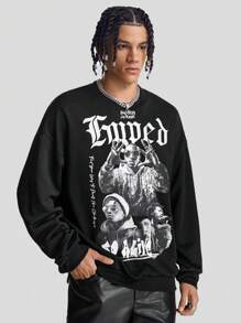 Manfinity VCAY Sudadera de cuello redondo holgada de manga larga de punto con estampado para hombre, camiseta de manga larga con gráfico de figura de rapero musical