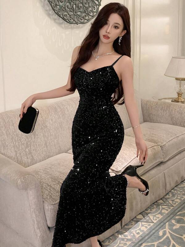 DAZY 亮片吊带女士派对礼服，生日、新年、舞会派对女士连衣裙，返校节礼服，奢华优雅女士连衣裙，嘉年华闪亮礼服
