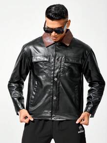 Manfinity Homme Chaqueta de manga larga con bolsillos y botón en el cuello para hombre - Negro - Ver 3