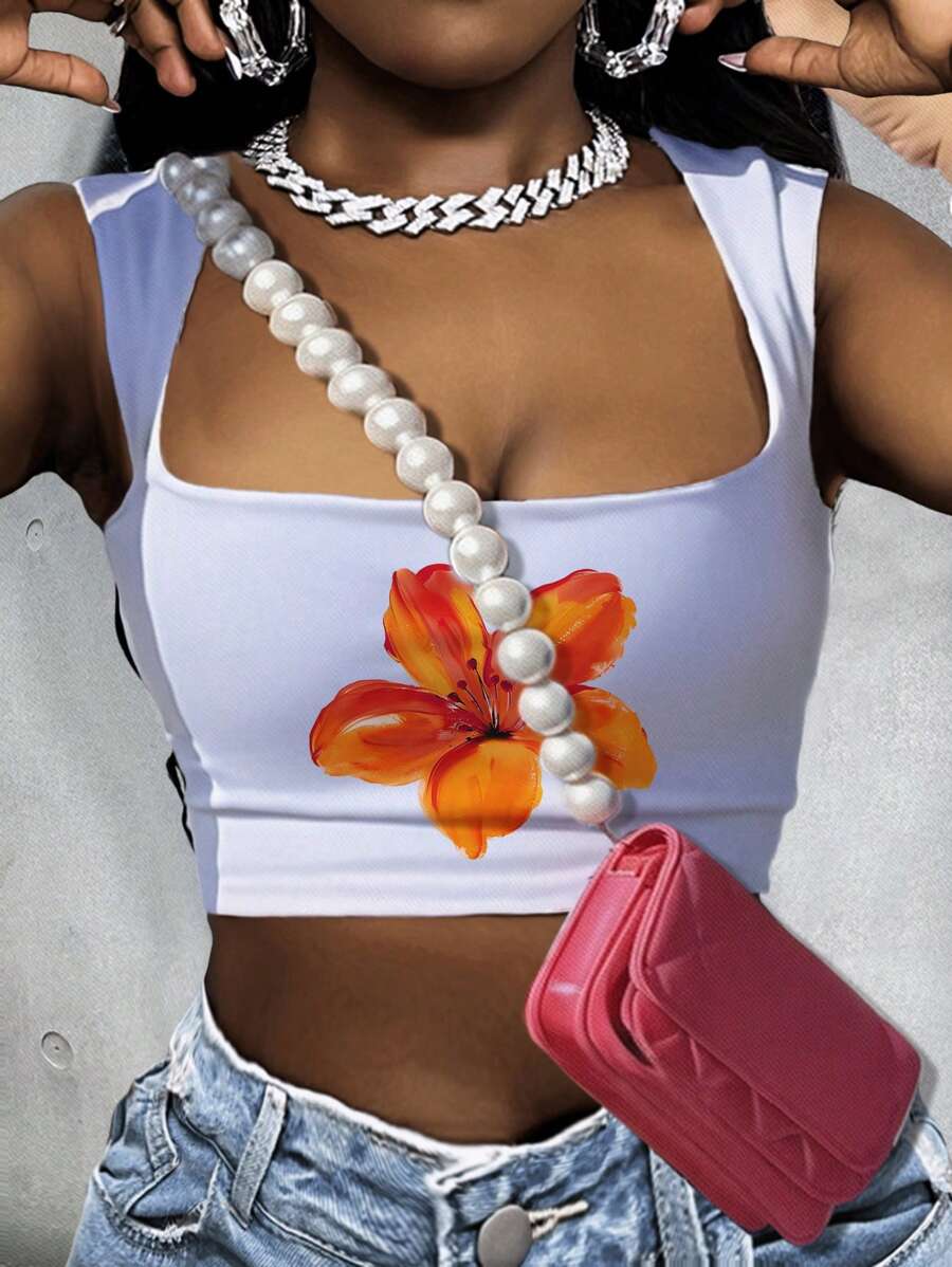 Slaydiva Women's Casual Minimalist Large Floral Print Square Neck Camisole, Suitable For Summer Back To School