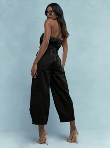 MISSGUIDED Embroidered Logo Zip Closure Bandeau Jumpsuit With Belt - Black - View 2