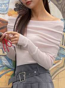 DAZY Áo thun nữ hở vai tay dài ôm sát - Hồng - Xem 6