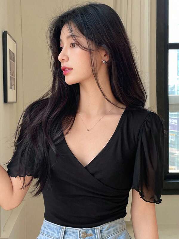 DAZY Camiseta sólida de manga abullonada