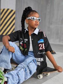 SHEIN 少女休闲印花宽松短袖上衣，母女装（2 件单独出售） - 黑色 - 查看 3