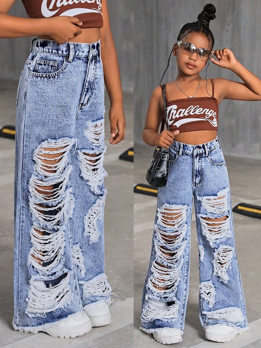 Tween Girl Y2K Fashion Vintage Stonewashed Ripped Raw Hem Baggy Wide Leg Jeans, Summer Back To School Streetwear - Medium Wash - View 1