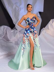 SHEIN Belle Thiết kế đường viền cổ áo in satin thanh lịch Váy dạ hội xẻ tà dài đến sàn chữ A (Được tôn tạo nhiều) - Nhiều màu - Xem 6