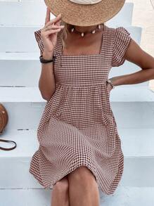 Breezaya Gingham Square Neck Butterfly Sleeve Smock Dress,Ladies Cute Ruffle Cap Sleeve Square Neck Regular Fit Short Brown Flounce Sleeve Gingham Smock Women Short Dresses,Spring/Summer,Casual Daily Wear Vacation Beach Outfit
