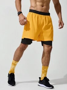 Manfinity Sport Corelite Quần short thể thao nam kiểu boyfriend có dây ruy băng và họa tiết chữ, túi hai bên. - Màu vàng - Xem 5