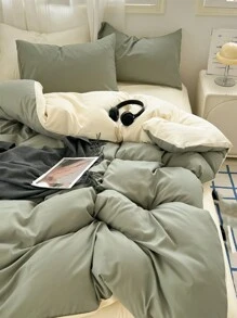 3 件套绿色和米色超柔软宿舍床上用品套装，1 个羽绒被套和 2 个枕套，透气，可机洗 - 綠色 - 查看 6