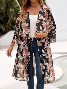 EMERY ROSE Women's Loose-Fitting, Medium-Length Kimono With Floral Print, Open Front, For Summer Beach Vacation - Multicolor - View 6
