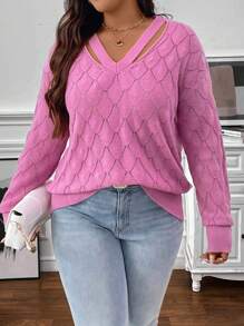 SHEIN Clasi Große Größen Pullover mit V-Ausschnitt, Rhombus Muster und Hohlräumen, Langarm