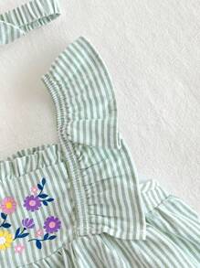 Cozy Pixies 2pcs Baby Girls' Colorful Striped Floral Print Square Neck Short Sleeve Top & Headband Set