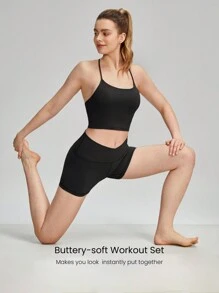 GLOWMODE FeatherFit™ Sports Bra & 4.3'' Shorts Set Crisscross Back Bra Tank Top With Crossover Biker Shorts Low Impact Yoga Daily Running Gym Workout Summer