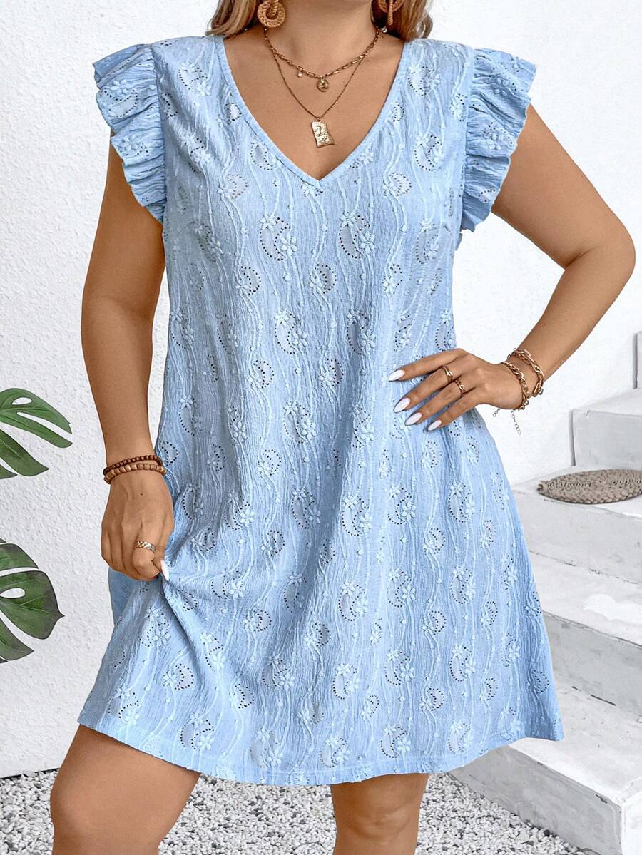 Calvaya Cộng với đầm thêu ren có lỗ gắn - Màu xanh lam - Xem 1