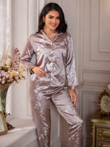 LuxeNights Floral Print Contrast Piping Satin Blouse & Trousers PJ Set - Dusty Pink - View 3