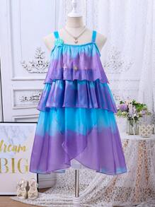 女孩夏季美人鱼风格薄纱吊带连衣裙，甜美公主裙，社交媒体网红连衣裙，蛋糕裙 - 紫色 - 查看 1