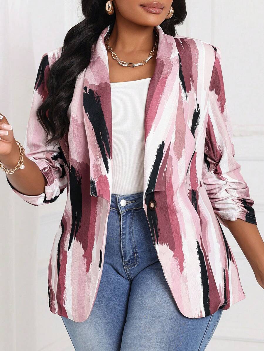 SHEIN Lady 秋冬优雅粉色针织新品大码蓬松外套秋季女装秋季服装圆领