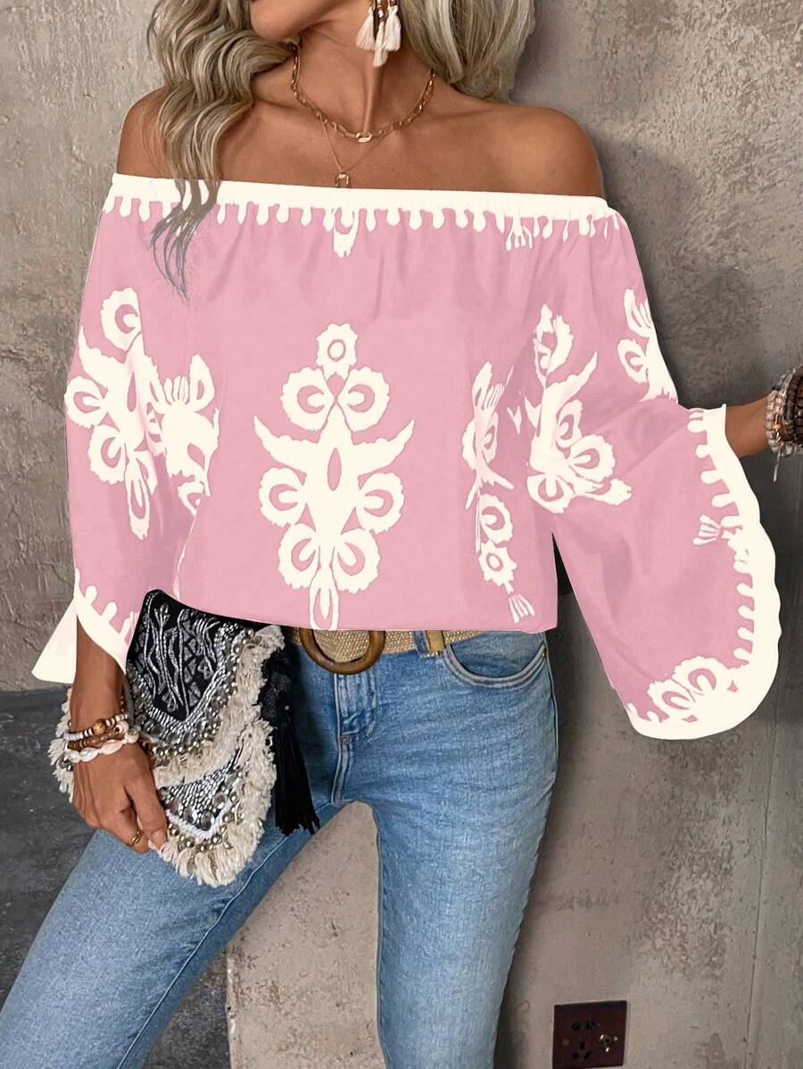 SHEIN Clasi Áo dài tay in họa tiết lệch vai dành cho nữ - Hồng - Xem 1