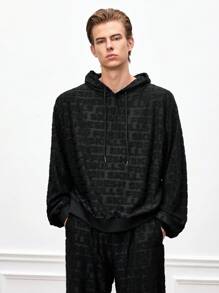 Manfinity VCAY 2pcs Men's Casual Knit Loose Fit Long Sleeve Sweatshirt & Pants Set, For Fall Winter - Black - View 3