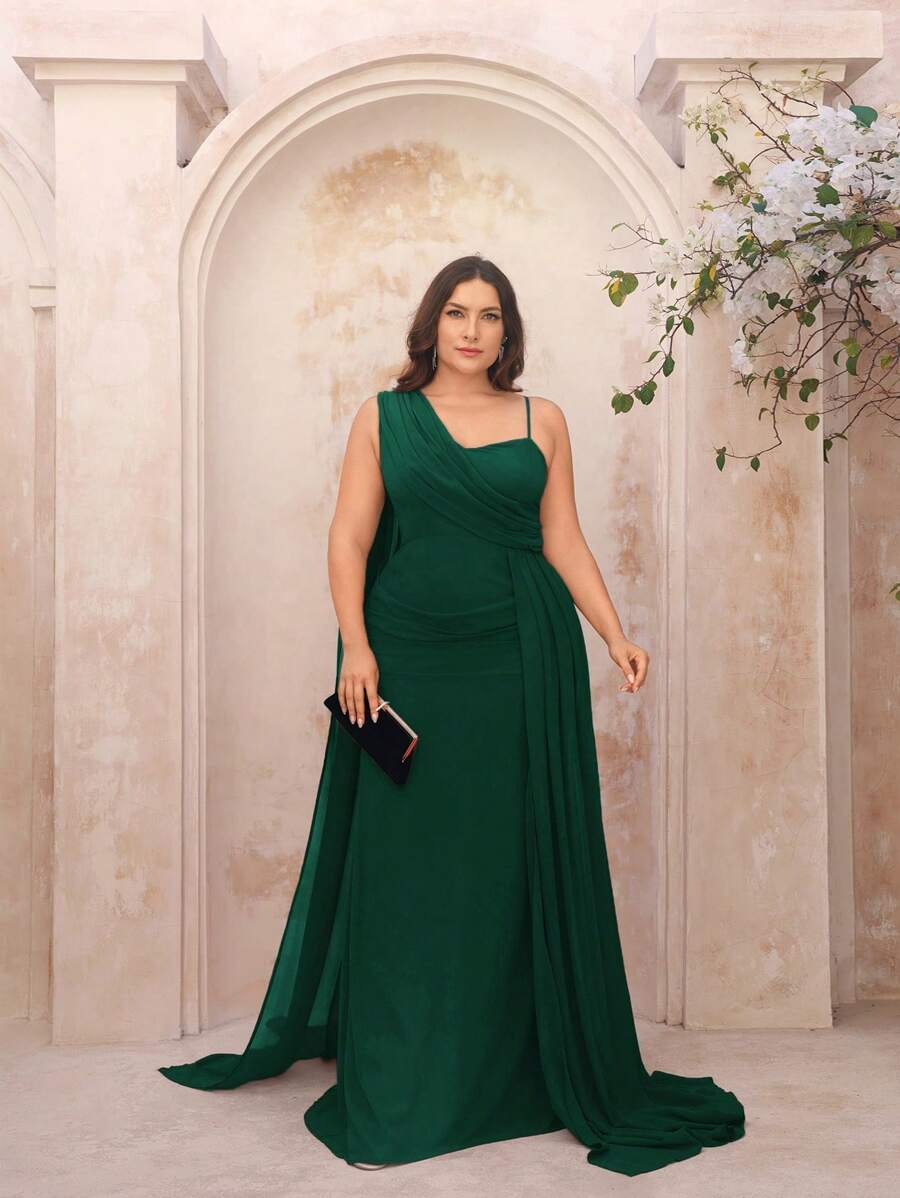 SHEIN Belle Plus Size Chiffon Asymmetric Draped Formal Dress For Bridesmaid, In Persimmon Orange - Dark Green - View 1