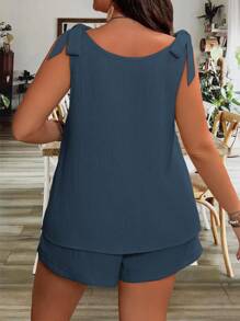 Breezaya Plus Size Women's Casual Solid Color Tank Top And Shorts 2pcs Set - Navy Blue - View 2