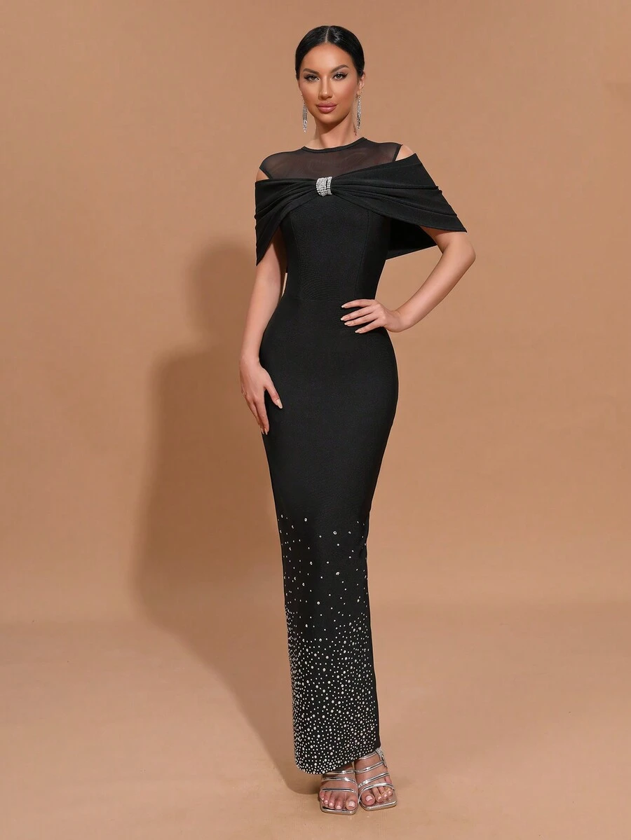 Modphy New Elegant Round Neck Luxurious Sparkling Diamond Open Shoulder Bodycon Maxi Bandage Dress, Fashionable Party And Formal Evening Gown - Black - View 1
