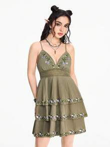 ROMWE Fairycore Women's Floral Embroidery Layered Ruffle Hem Cottagecore Style Washed Cotton Dress - Army Green - View 4