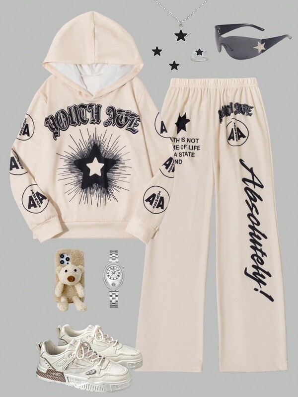 SHEIN Set de 2 bucăți Tween pentru fete cu glugă și pantaloni