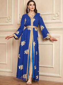 2 件套 女士阿拉伯雪纺锡箔印花朴素长袖连衣裙 卡夫坦阿拉伯连衣裙 - 藍色 - 查看 3