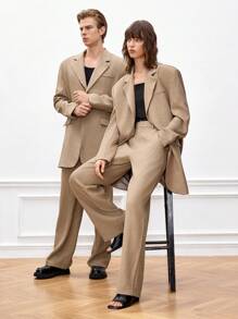 Manfinity VCAY 2pcs Men's Loose Casual Blazer Jacket And Straight Leg Suit Pants Set, Spring/Autumn - Khaki - View 7