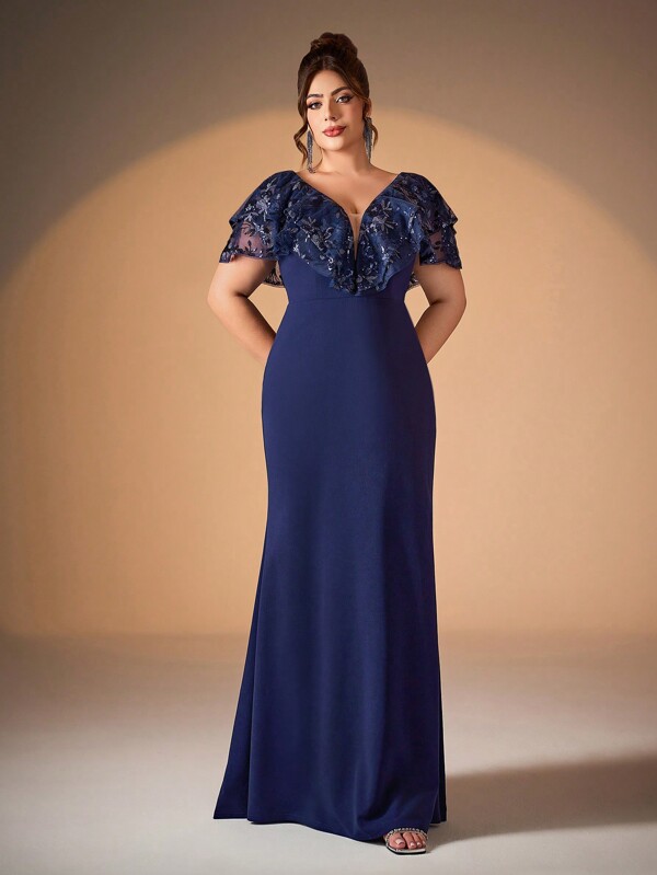 Sequins V-Neck Ruffle Patchwork Knit Mermaid Dress