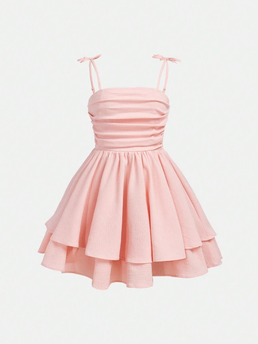 SHEIN Girlism Teen Girl Solid Color Ruched Bubble Ruched Layered Hem Casual Strap Dress Holiday Outfits - Baby Pink - View 1