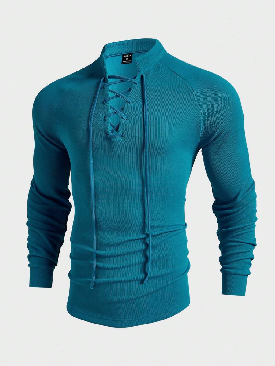 Manfinity VCAY T-shirt casual en tricot à manches longues avec lacets à œillets de couleur unie pour hommes, printemps été