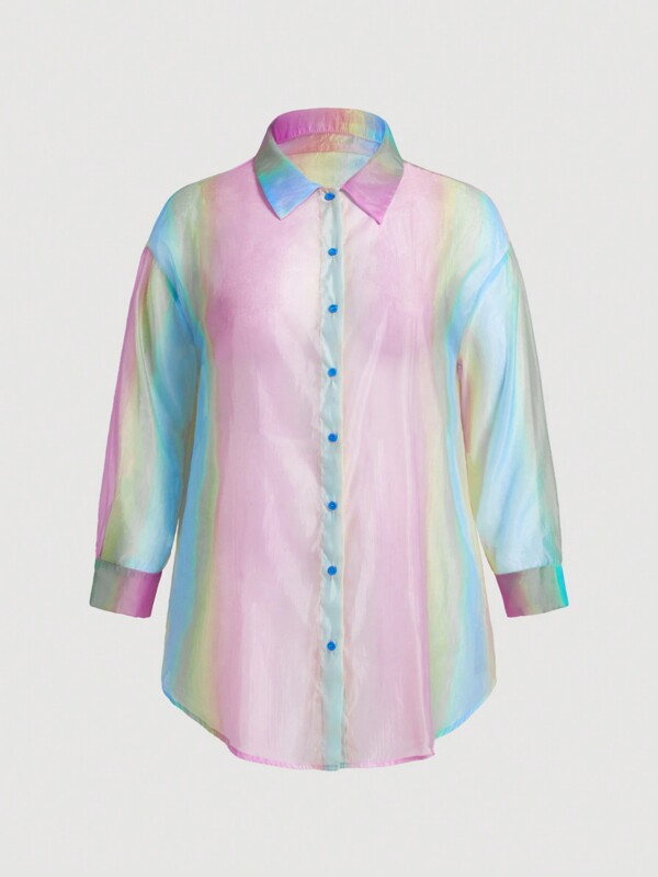 SHEIN MOD Camisa casual de manga larga de malla degradada de talla grande