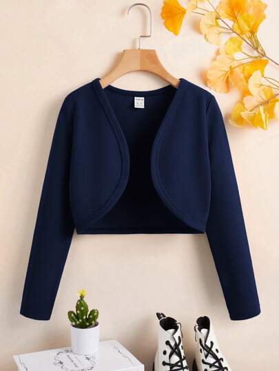 SHEIN Chaqueta casual de manga larga de unicolor con dobladillo curvo para niñas preadolescentes