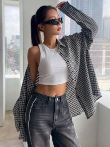 DAZY 女士休闲格子宽松落肩衬衫春夏季法兰绒女装秋季女装长袖上衣 - 黑色 - 查看 4