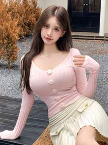 DAZY 女士 3D 花卉套头衫，秋装 - 粉色 - 查看 11