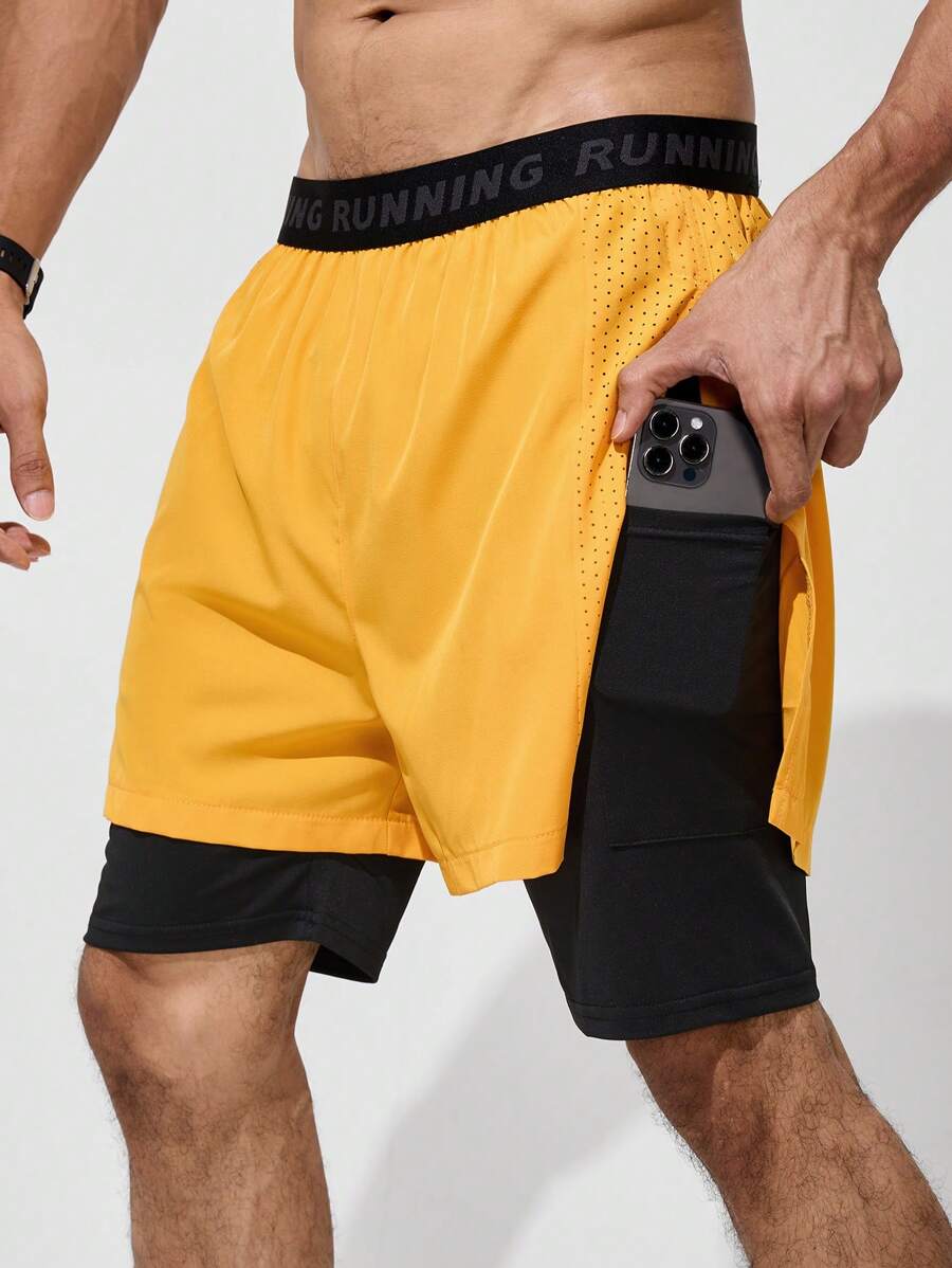 Manfinity Sport Corelite Quần short thể thao nam kiểu boyfriend có dây ruy băng và họa tiết chữ, túi hai bên. - Màu vàng - Xem 1