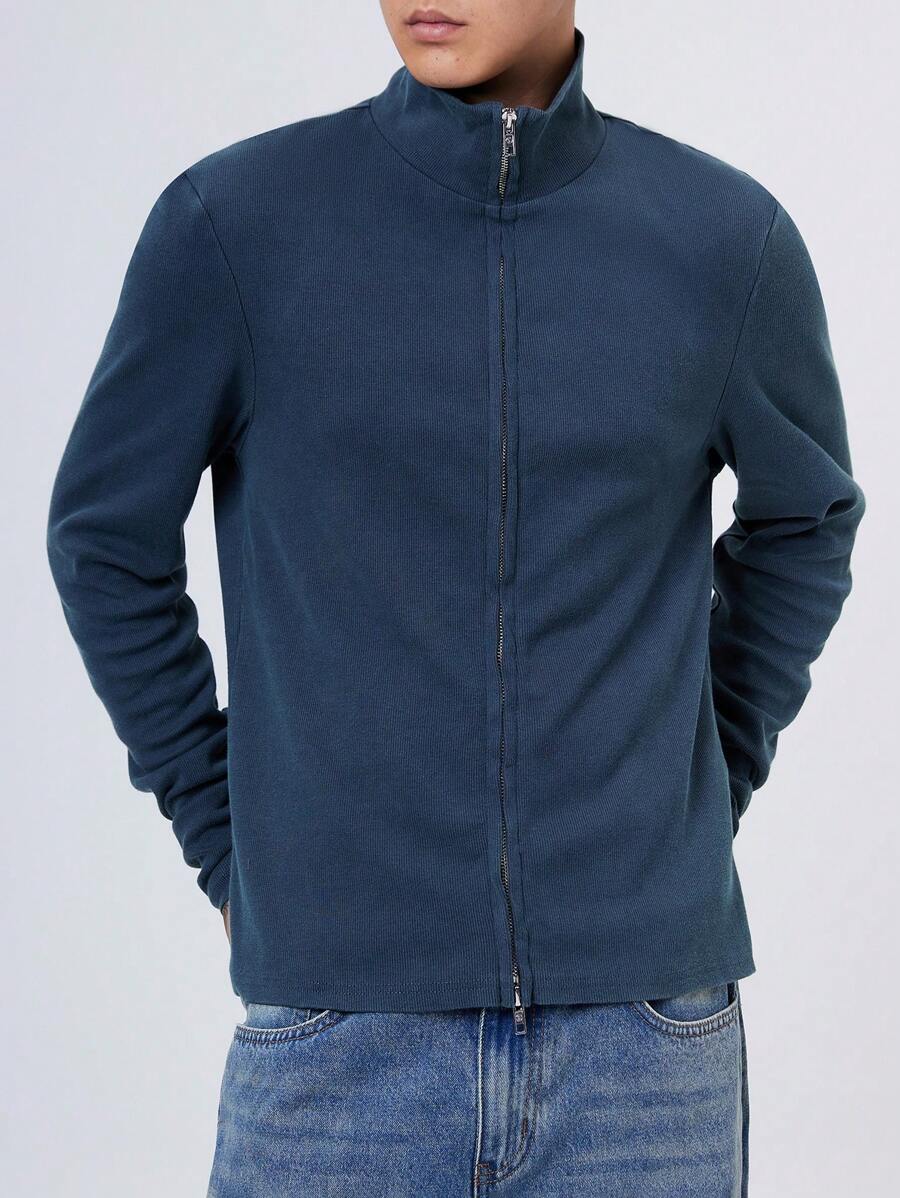 Manfinity Denimwave Chaqueta ligera de cuello alto texturizada de punto de mezclilla retro estilo Y2K para hombre, sencilla, de moda, para esposo, de manga larga, para salir