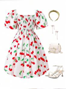 Teens Girls' Fruit Print Asymmetric Neckline Short Sleeve A-Line Dress - White - View 2