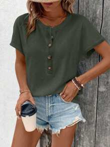 EMERY ROSE 女士休闲纯色纽扣半襟短袖 T 恤，夏季