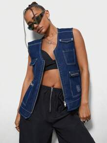 SUMWON WOMEN Street Utility Denim Zip Through Jacket With Contrast Stitching - Dark Wash - View 1