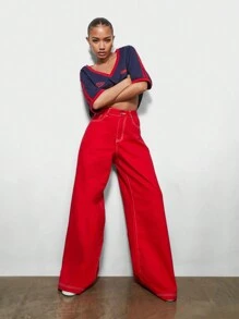 SUMWON WOMEN Jean ống rộng có đường khâu tương phản - Đỏ - Xem 4