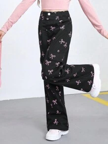 Sparklyn Tween Girl 阔腿牛仔裤 蝴蝶印花 时尚休闲裤 长裤 - 黑色 - 查看 3